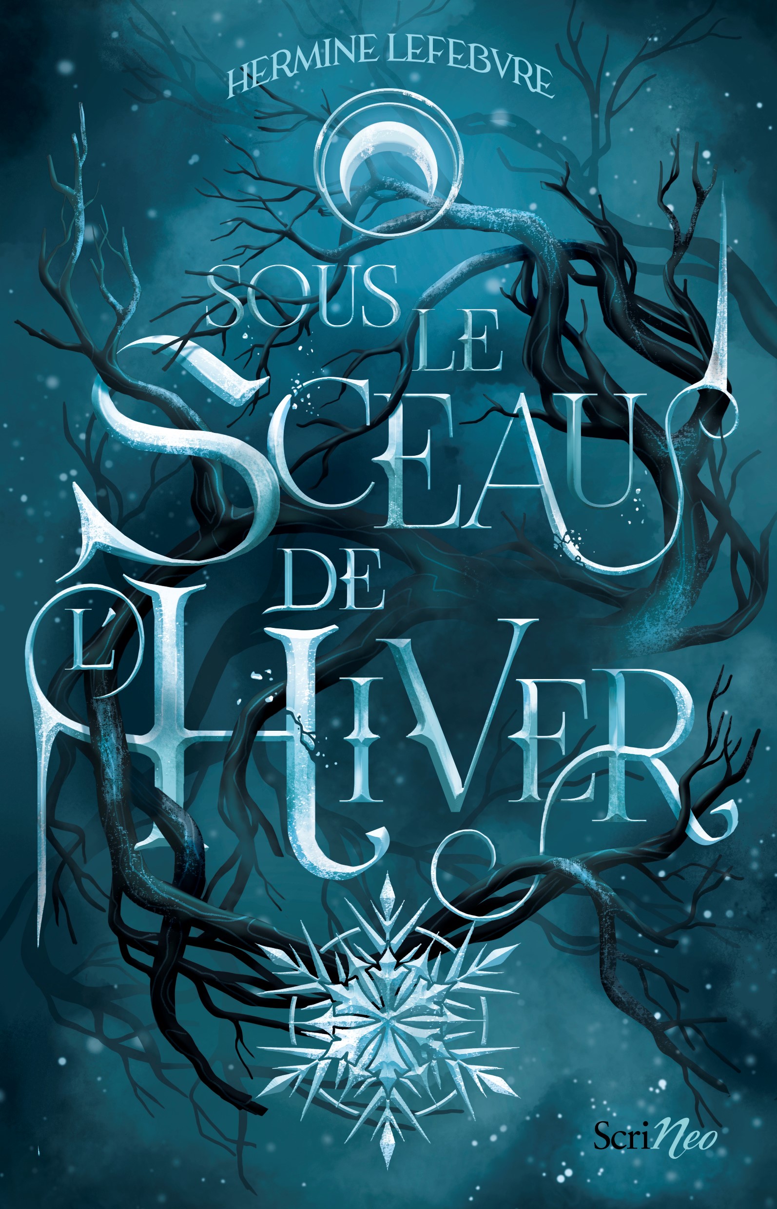 Couverture du roman "Sous le sceau de l'Hiver", représentant des branches noires couvertes de givre sur fond nocturne. Un grand flocon pend sous le titre qui semble pris dans la glace.
